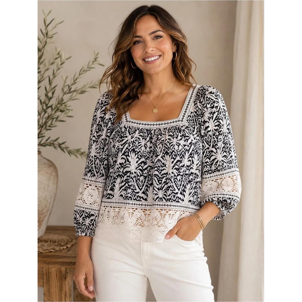 Panama Jack Blouse Women's L Black White Linen Blend Lace Trim Peasant Boho
